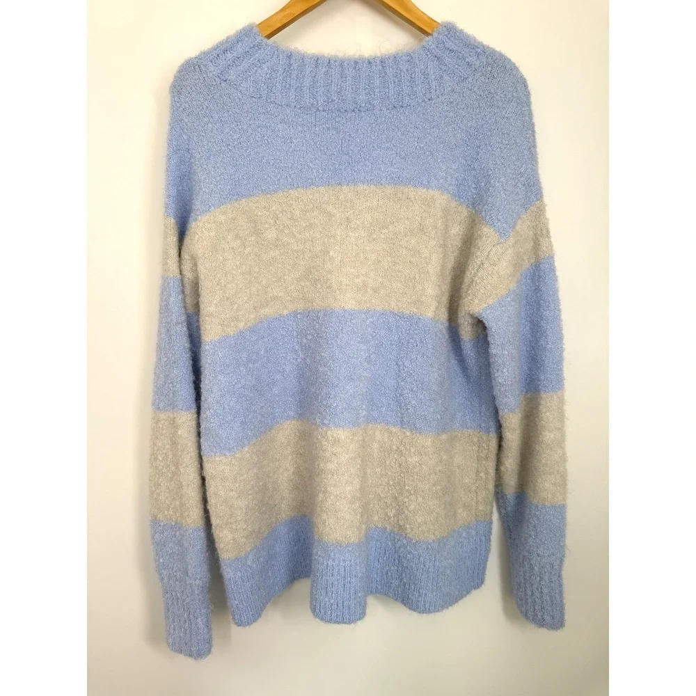 Aerie Teddy Boucle Striped Fuzzy V Neck Sweater Ocean Sky Blue Cozy Oversized XS